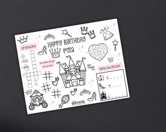 Printable Princess Theme Coloring Placemat, Personalized Kids Name, Coloring Kids Activity Sheet, Princess Birthday Party Activity