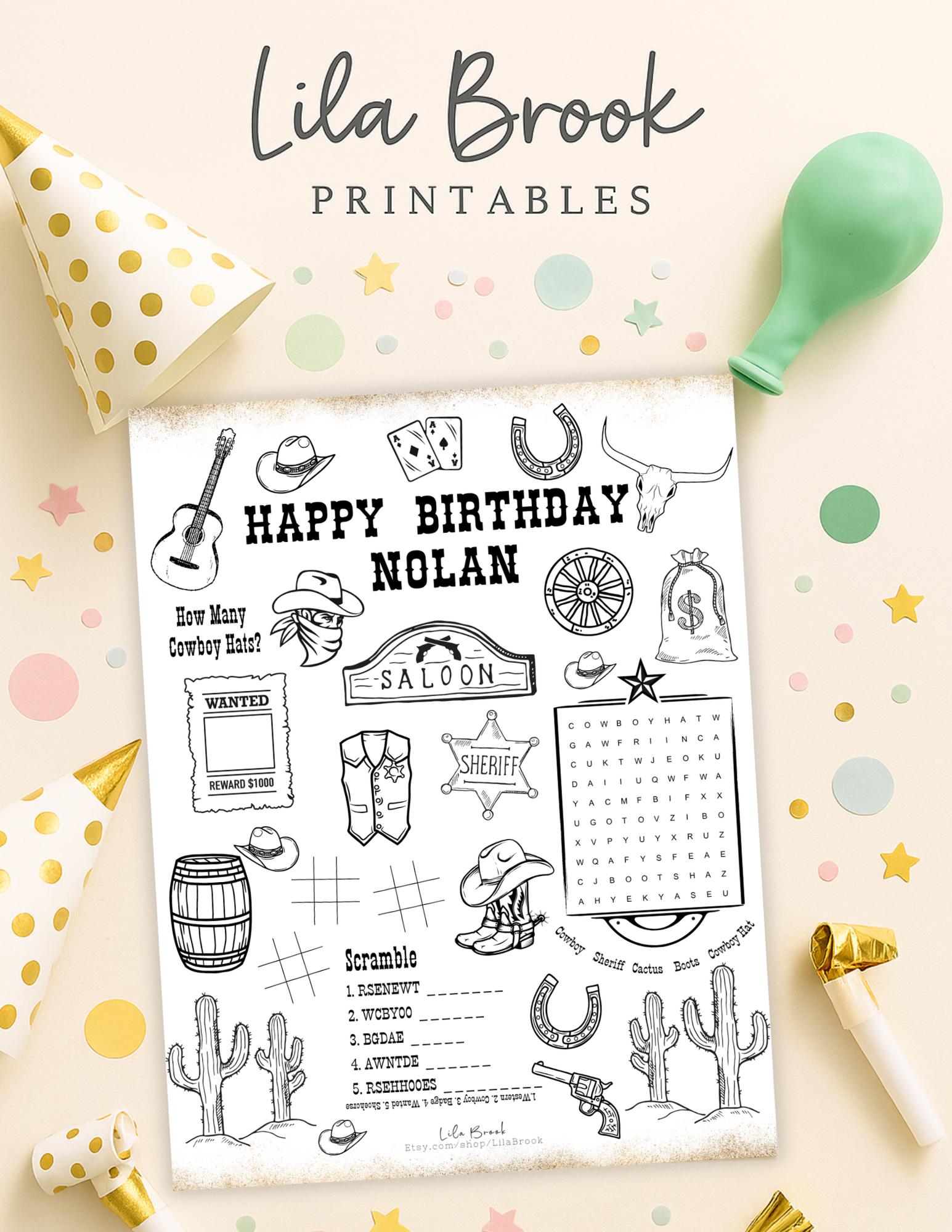 Personalized printable Kids Coloring Placemats | Digital Download | Cowboy Party Activities