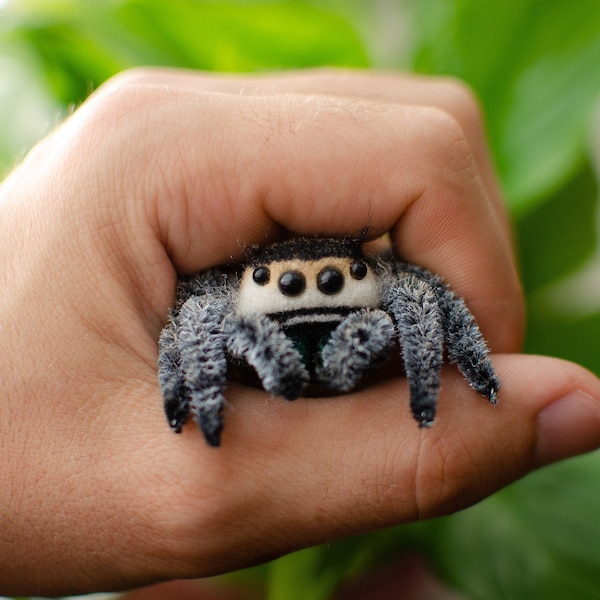 Cute jumping spider toy, creepy gift, poseable sculpture, needle felted doll, black spider arachnida, cute kawaii monster, made to order