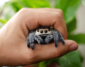 Cute jumping spider toy, creepy gift, poseable sculpture, needle felted doll, black spider arachnida, cute kawaii monster, made to order