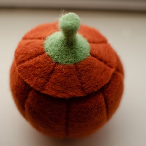 May include: A small, orange felt pumpkin with a green felt stem. The pumpkin has a textured surface and is perfect for holding small items.