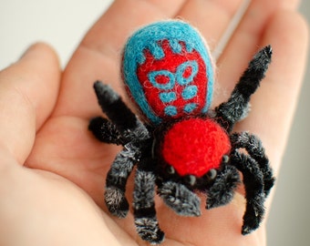 Cute peacock spider toy, creepy gift, poseable sculpture, needle felted doll, black spider arachnida, cute kawaii monster, made to order