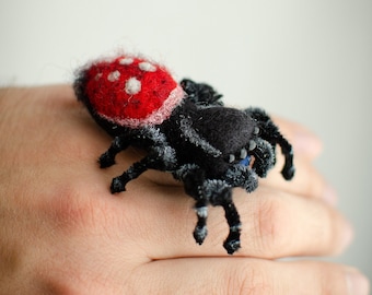 Phidippus carneus, Black jumping spider, creepy gift, poseable sculpture, needle felted doll,  arachnida, cute kawaii monster, made to order