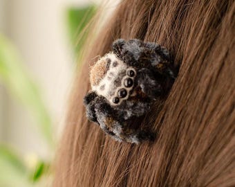 Felted Jumping Spider Hair Clip, Arachnid Lover Gift