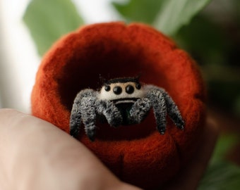 Needle Felted Jumping Spider Sculpture, Poseable Arachnid Toy