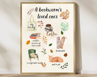 Die Lieben des Bücherwurms, digitale Wandkunst, druckbares Buchliebhaber Poster, digitales Poster für Buchecke, Geschenkidee für Buchliebhaber.