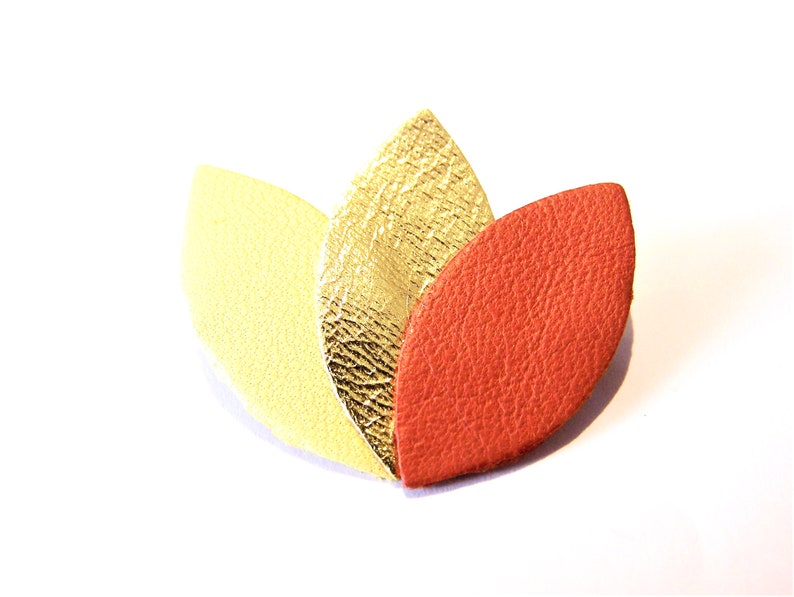 petals large model leather fantasy wedding gold fashion handmade flower gift woman ochre yellow orange trend girl Brooch