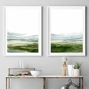 Printable Abstract Art, instant download art set of 2 green, living room art, white and green diptych , watercolor abstract green wall art image 1