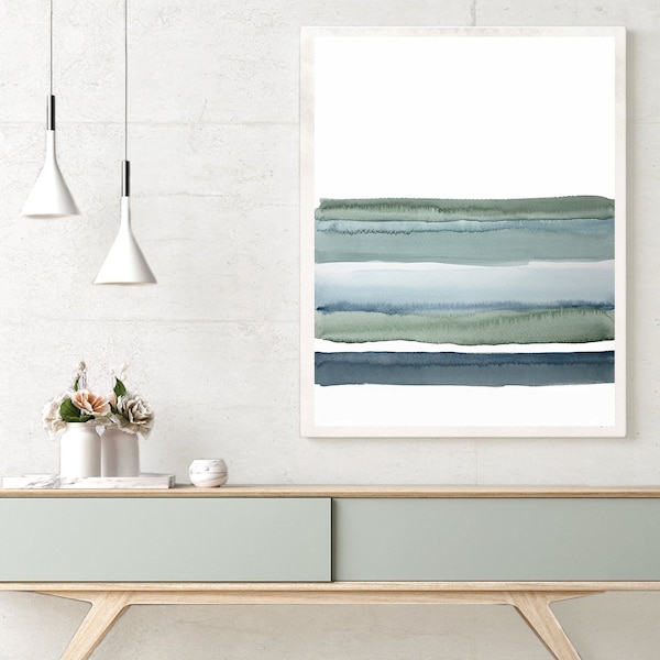 Abstract Art Print Watercolor, Printable Art, landscape green blue lines, Coastal Colors, Scandinavian Art , Abstract  white teal blue green