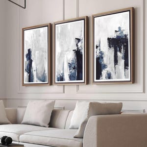 Grey and Navy Blue Abstract Art Prints - Set of 3 (Digital Download)