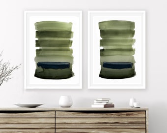 Set of 2 Prints, watercolor green, Green Abstract Print ,  Abstract Painting Solitude Is Bliss Minimal , Art  lines blue green watercolor