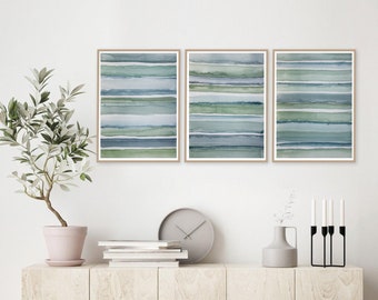 Set of 3 watercolor abstract, original painting green tael blue, geometric lines watercolor abstract, watercolor on paper set, contemporary