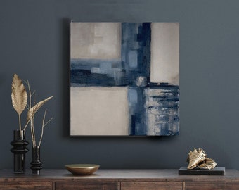 Art,  beige navy abstract, blue original  painting,  , Original textured  ,  Abstract Artwork, square , minimalist abstract, Oil on canvas