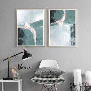 Print, contemporary art, wall art abstract, digital image, abstract set of 2 ,pink and mint ,modern diptych abstract, scandinavian art image 1