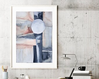 Wall Art Print, Printable Art Watercolor , Art Poster, modern abstract, navy and pink large wall art, Watercolor blue blush, pastel abstract