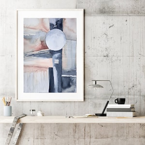 Wall Art Print, Printable Art Watercolor , Art Poster, modern abstract, navy and pink large wall art, Watercolor blue blush, pastel abstract