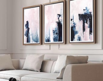 Pink & Navy Abstract Triptych: Modern Wall Art Prints (Digital Download)