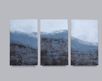 Original abstract art, Set white blue brown, abstract painting ,blue brown canvas panel set of 3,  Triptych original  art, set of 3