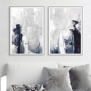 Conjunto de 2 láminas de arte abstracto: arte mural imprimible en gris, azul marino y azul. Descarga digital minimalista para interiores modernos y escandinavos.