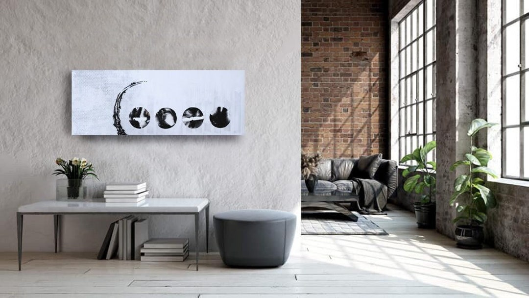 抽象アクリル画 横長 黒白 大きな横長抽象画 - 130 x 50 cm 黒、白、金、グレーの