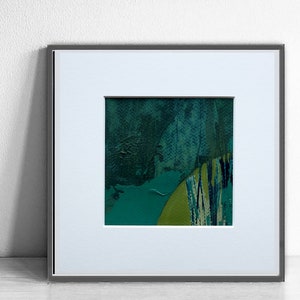 Dipinto astratto verde originale - Acrilico su carta - Tappetino bianco 20 x 20 cm incluso - Opera d'arte moderna strutturata ispirata alla natura, piccola arte