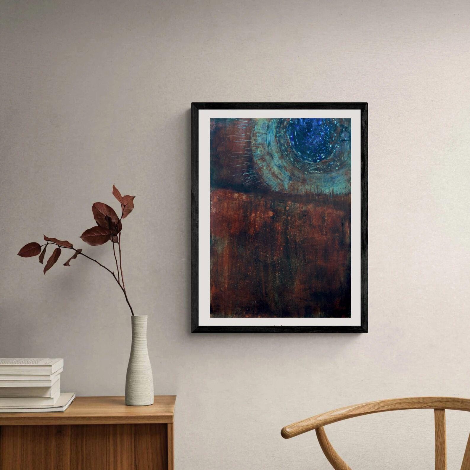 テクスチャのある抽象画：錆びた茶色と濃い青のアクリルアート - Etsy 日本