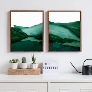エメラルドグリーンの風景画水彩画：抽象的な自然の装飾（デジタルダウンロード）