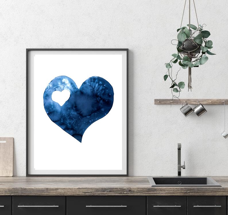 Scandinavian abstract, Printable Art, blue heart , Art Poster, Digital Download, Wall Decor , modern abstract, valentines day, 2 hearts image 1
