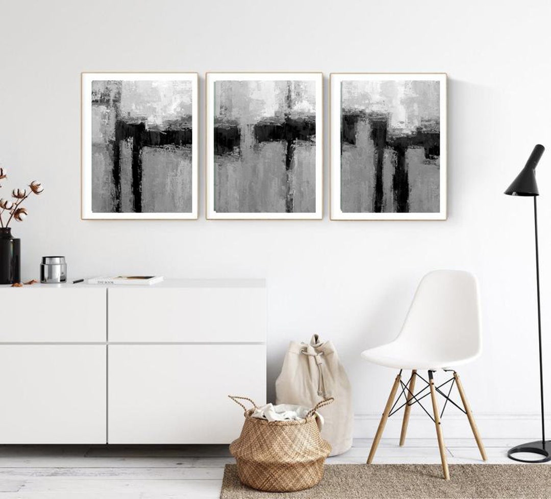 Black White Gray Contemporary Art, Set of 3 Prints, Abstract Painting