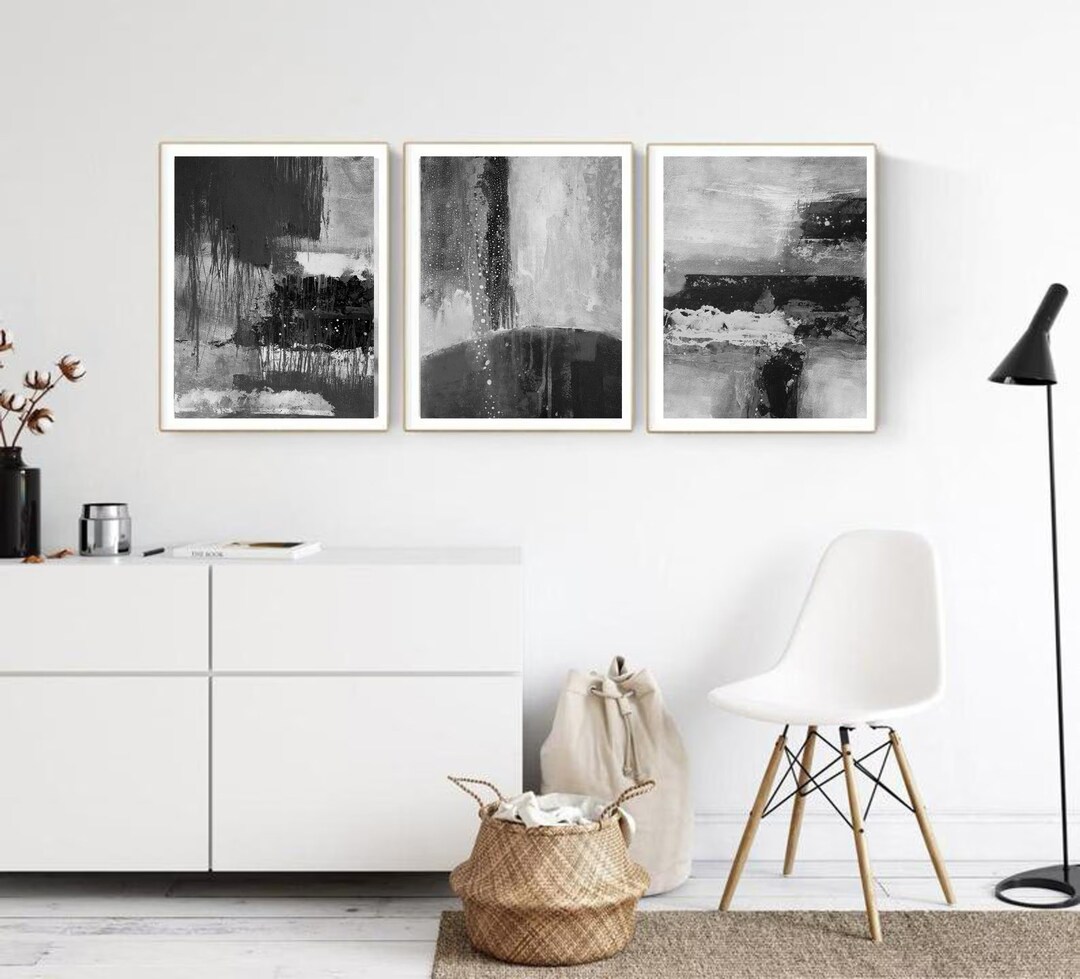 Black White Gray Contemporary Art, Set of 3 Prints, Abstract Painting