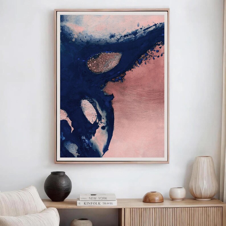 Navy Blue , Pink Abstract Landscape Painting: Modern Wall Art (digital ...