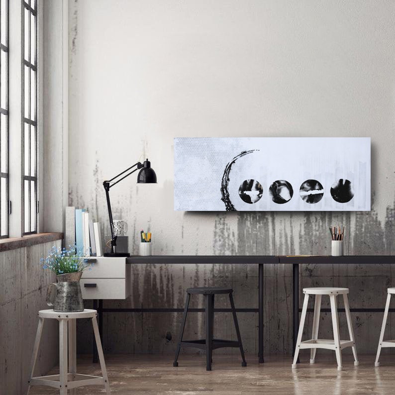 大きな横長抽象画 - 130 x 50 cm 黒、白、金、グレーの