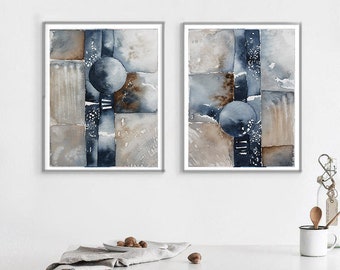 Set of 2, painting on paper, beige navy watercolor original , abstract painting on paper, wall art, watercolor  original, original  set of 2