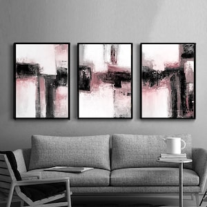 Abstract Art, Set of 3 Prints, Black & White and Pink Wall Art Prints ...