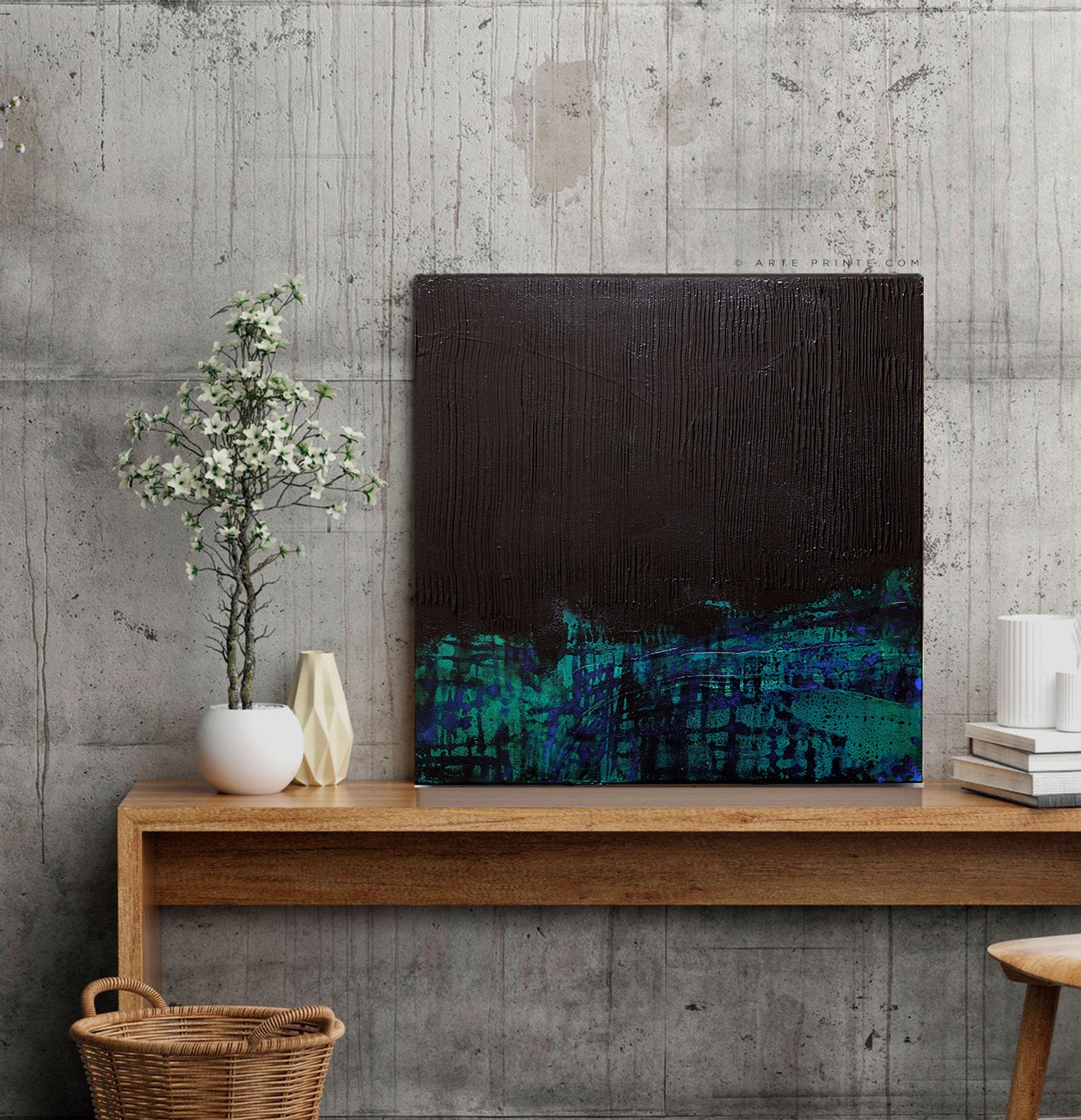 テクスチャ抽象画：黒、緑、青のアクリルアート（40 x 40 cm） - Etsy 日本