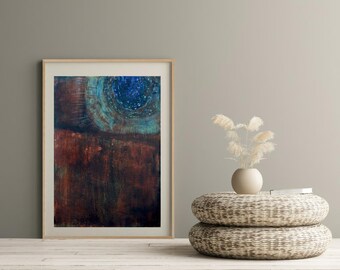 テクスチャのある抽象画：錆びた茶色と濃い青のアクリルアート - Etsy 日本