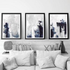3er Set Abstrakte Kunst Drucke - Grau und dunkelblau druckbare Wandkunst - minimalistischer digitaler Download für moderne, neutrale Innendekoration