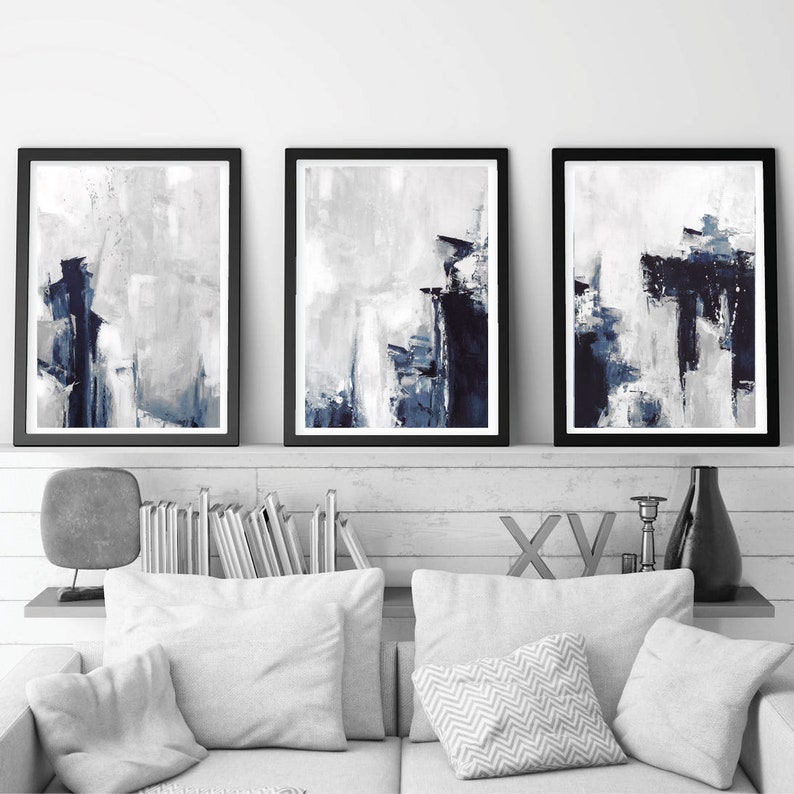 Grey Abstract Wall Art, Set of 3 Prints, Modern Abstract Art, blue and grey Art, Brushstroke Art, Minimalist Art Set, Triptych Wall Art 