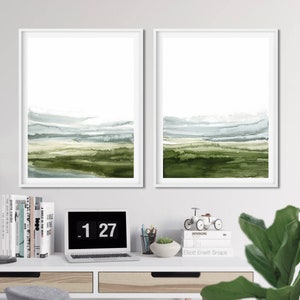 Printable Abstract Art, instant download art set of 2 green, living room art, white and green diptych , watercolor abstract green wall art image 5