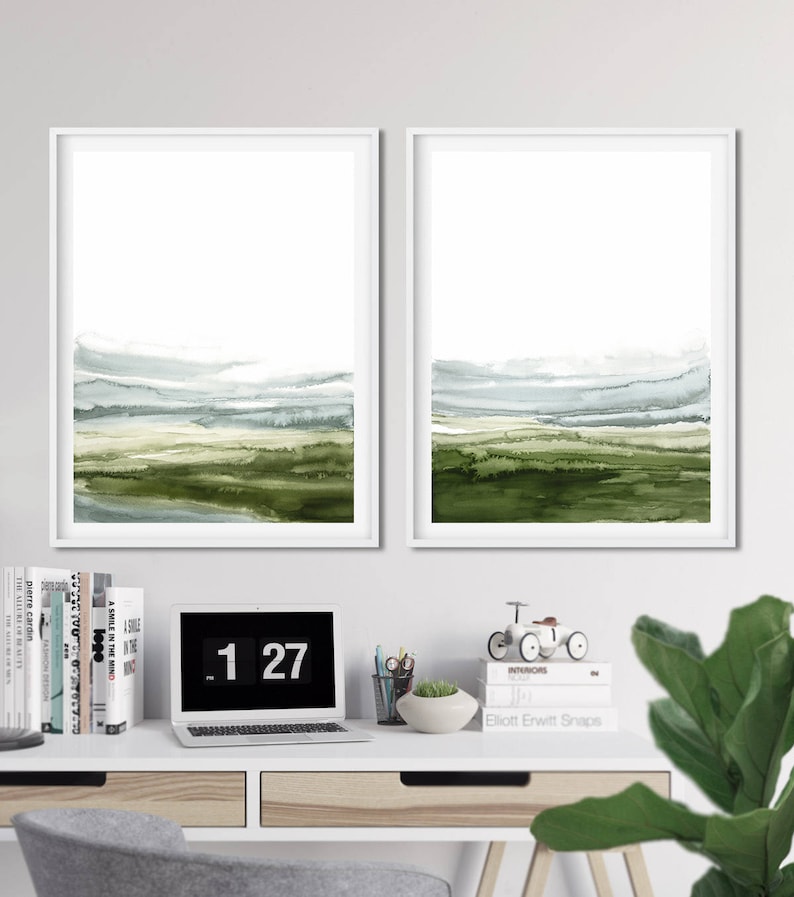 Printable Abstract Art, instant download art set of 2 green, living room art, white and green diptych , watercolor abstract green wall art image 5