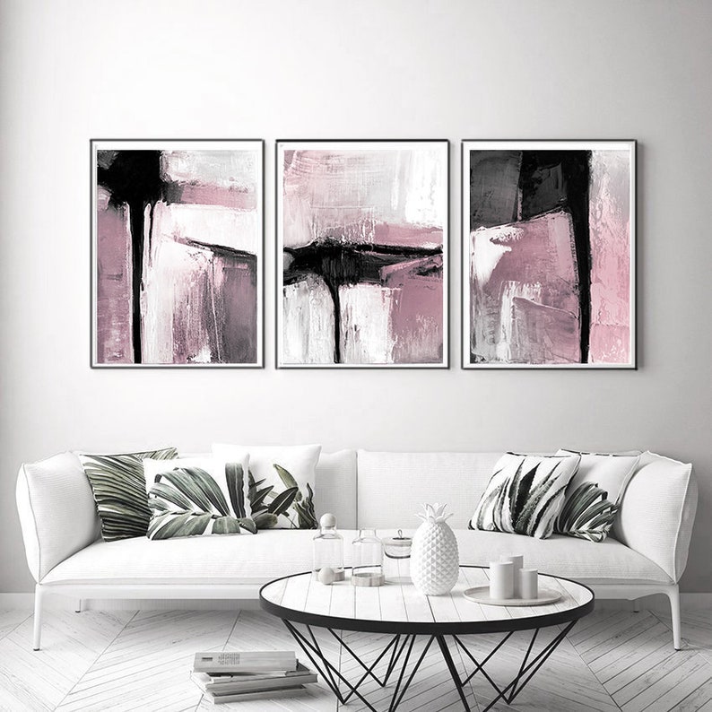 Abstract Art Set of 3 Prints Black & White and Pink Wall Art Etsy