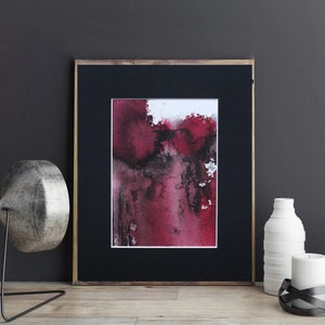 Dipinto originale, inchiostro originale bordeaux nero, astratto rosso nero, pittura su carta, piccola opera d'arte originale, pittura inchiostro rosso nero,