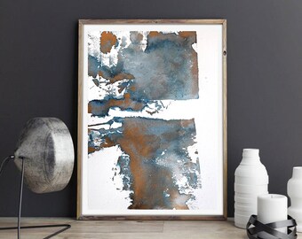 Original painting, original ink blue, painting on paper, neutral ink original , abstract painting on paper, wall art, blue ink and gold