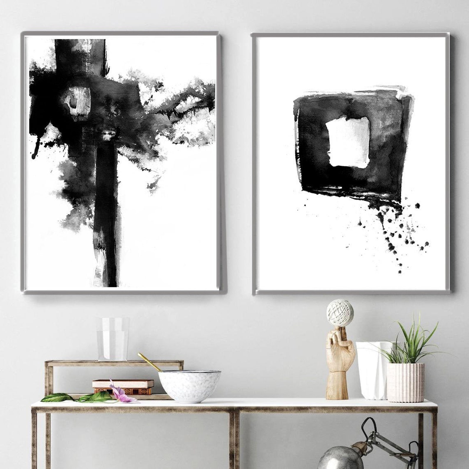 Black White Geometric Abstract Painting Minimalist Art Set | Etsy