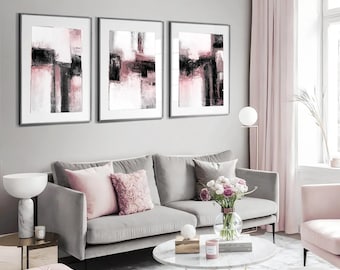 Abstract Art Prints set of 3 : Black, White & Pink Painting (Digital Download)