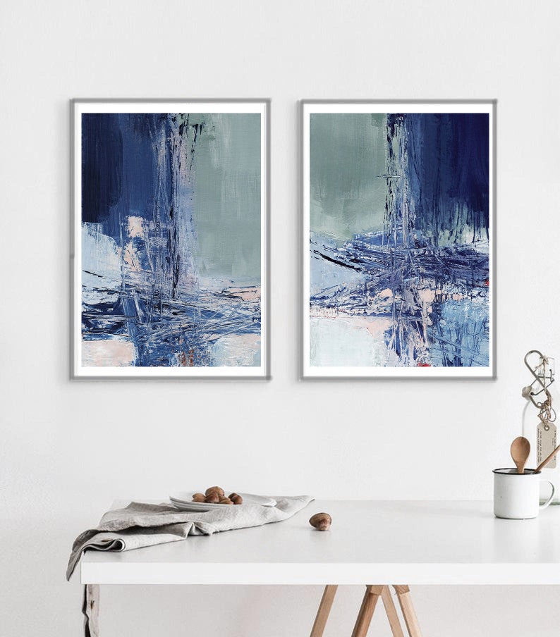 Set of 2 printable painting, instant download blue abstract painting, printable abstract painting print set, wall art set, blue mint pink image 9