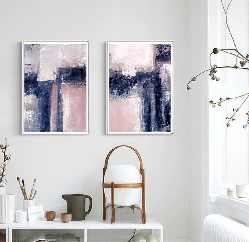 Scandinavian abstract, Printable Art, Art Poster, modern abstract, Industrial Decor, indigo, white, pink, light pink, large print, navy blue image 1