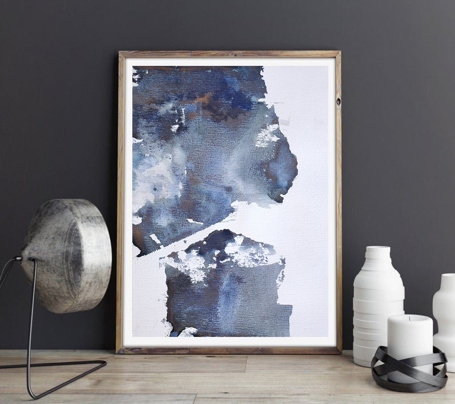Wall art インク ブルーの抽象 抽象画 水彩画 原画 アート作品 ブルー