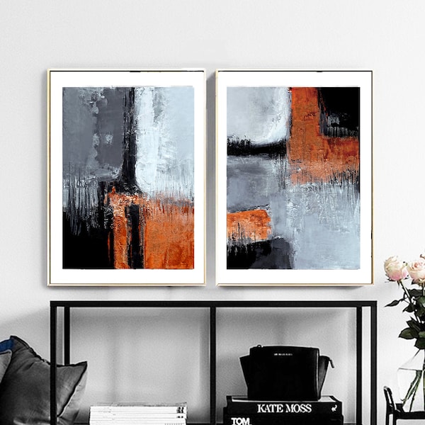 Black and orange Abstract Art, Modern Art Prints, Set of Two  industrial Paintings,  Abstract, Printable  Art, gray and orange, diptych