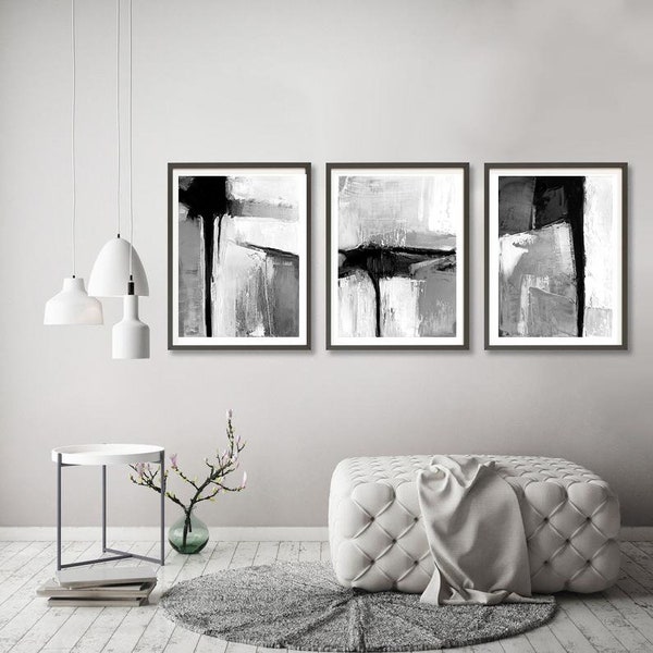 Black & White Contemporary Art, Set of 3 Prints, Abstract Painting, Urban Wall Art, Abstract Triptych, Minimalist Art, Digital Download